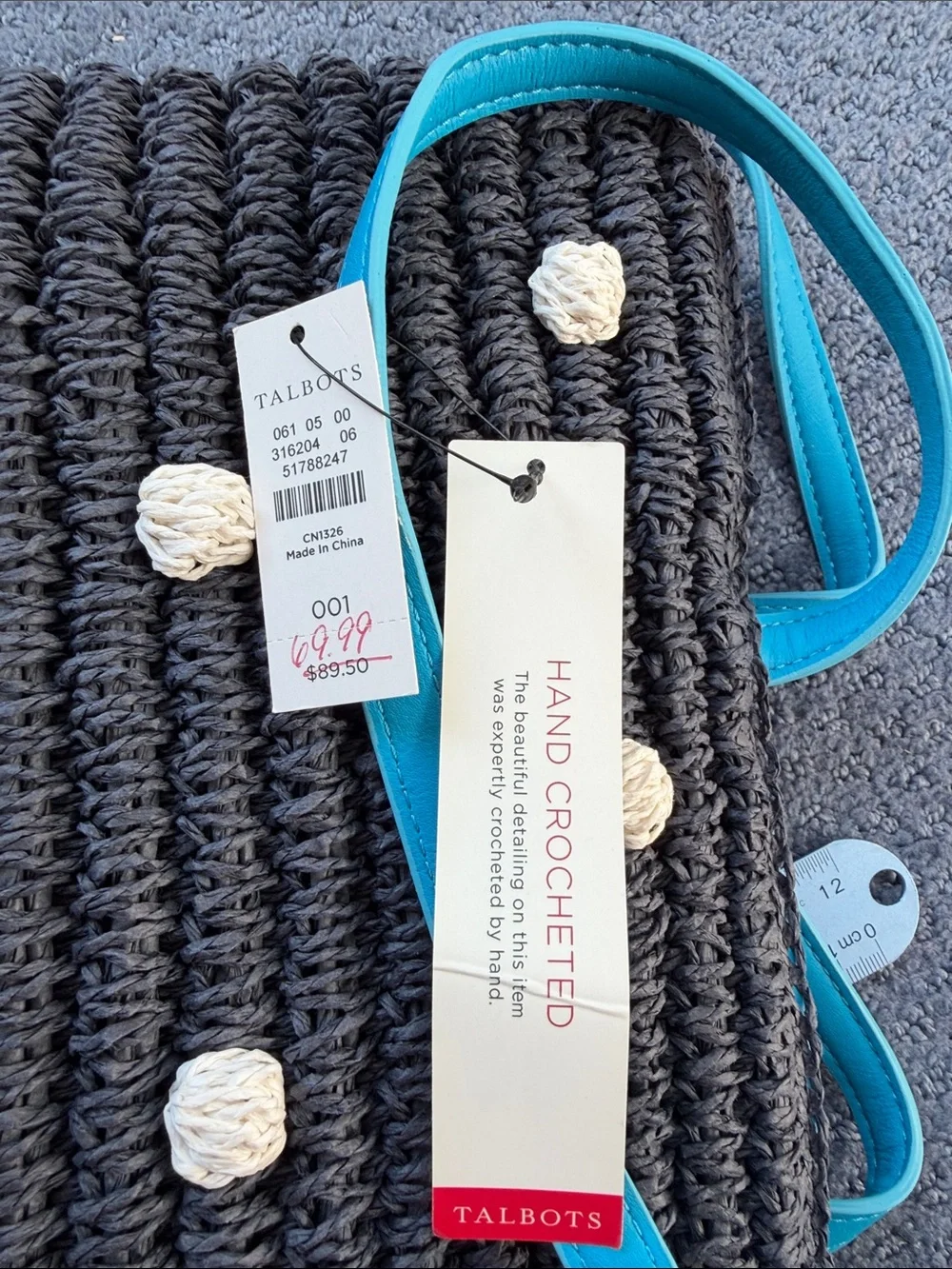 Talbots Black Woven Tote with Cream Dots and Turquoise Trim